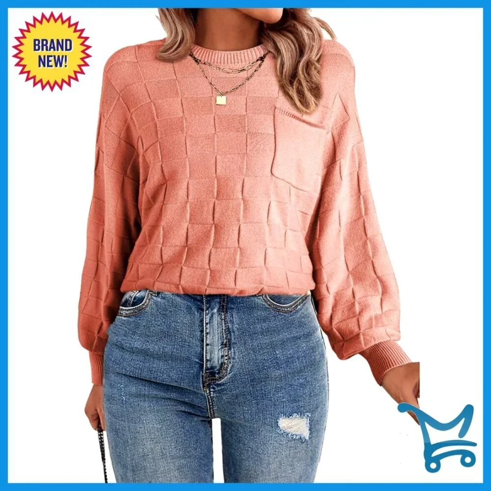Lightweight Knit Pullover Sweater Batwing Sleeves Patch Pockets Casual Chic